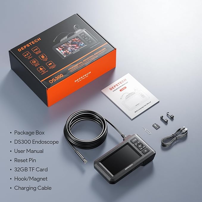 DEPSTECH Dual Lens Industrial Endoscope, 1080P Digital Borescope Inspection Camera, 7.9mm IP67 Waterproof Sewer Camera with 4.3" LCD Screen, 7 LED Lights, 16.5FT Semi-Rigid Cable, 32GB Card-Black