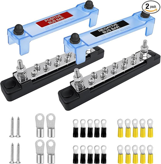 LENKRAD Ground Bus Bar 12V Marine 150A Battery Terminal Block Waterproof Power Distribution Block with 2 x M6 Post,10 x M4 Terminal Screws Negative Buss Bar for RV - 2Pcs