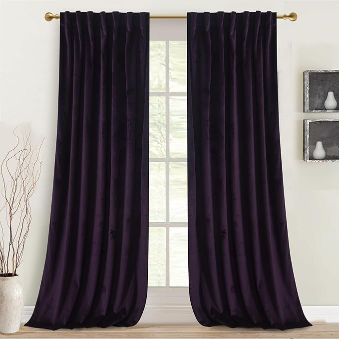 Roslynwood Luxury Soft Deep Purple Velvet Curtains 63 inches Long Back Tab Thermal Insulated Blackout Window Drapes for Living Room/Bedroom/Dining Room, W52 x L63, 2 Panels