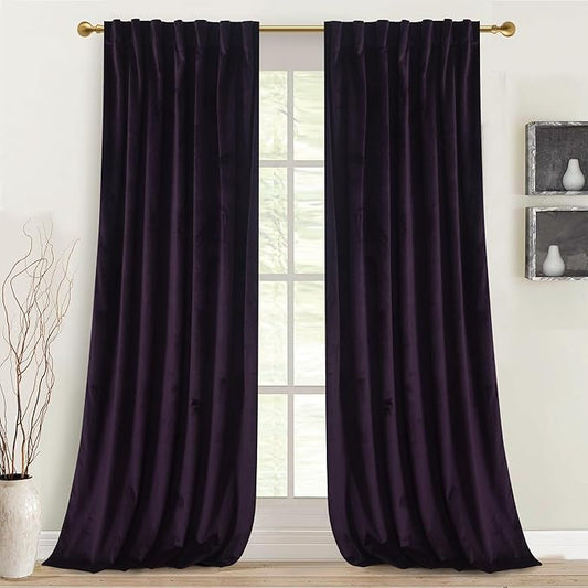 Roslynwood Luxury Soft Deep Purple Velvet Curtains 63 inches Long Back Tab Thermal Insulated Blackout Window Drapes for Living Room/Bedroom/Dining Room, W52 x L63, 2 Panels