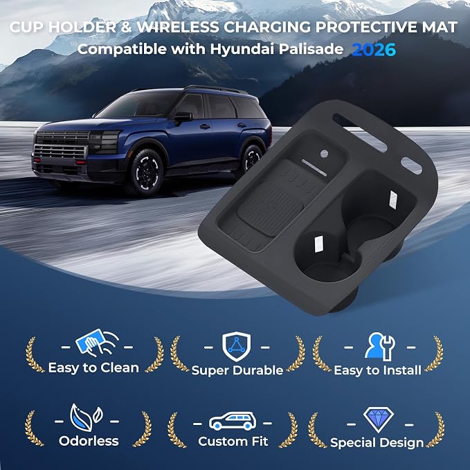 Cup Holder Insert & Wireless Charging Protective Mat for Hyundai Palisade 2026, Center Console Interior Accessories Cup Holders & Wireless Charger Cover Pad for 2026 Palisade, Black