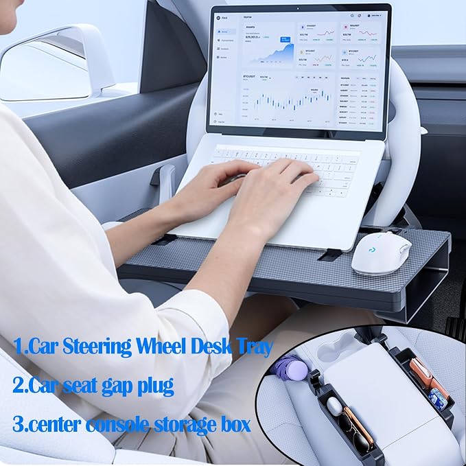 Carbon Fiber 3-in-1 Steering Wheel Tray Table & Car Seat Gap Filler Organizer & Centre Console Storage Box | Foldable Adjustable Car Desk/TableTray for Laptop, Eating & Work (【Foldable】 3-in-1) | Detachable Seat Gap Filler，0-30° Adjustable Angle，3-in-1...