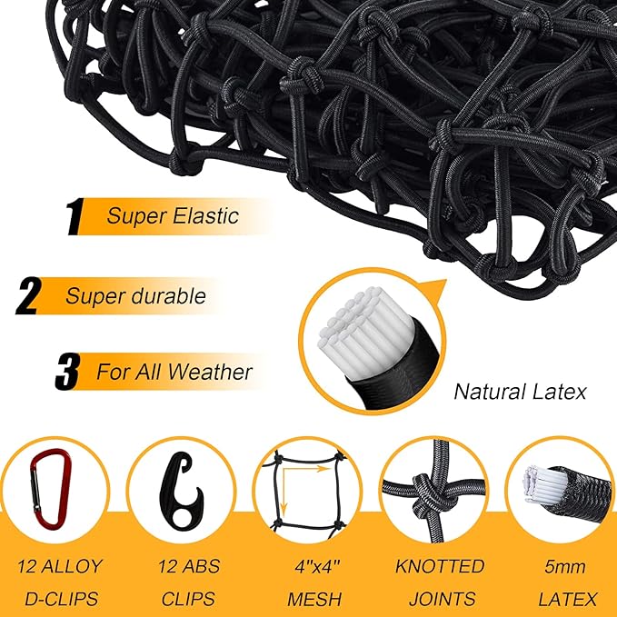 GSPSCN Cargo Net 3' x 4' for Truck Pickup Bed, Trailer,Boat,RV SUV Stretches to 9'x12' Max Roof Rack Net,Small 4”x4” Mesh Heavy Duty Bungee Cord Net for Tacoma,Frontier,Colorado & Subaru Crosstrek