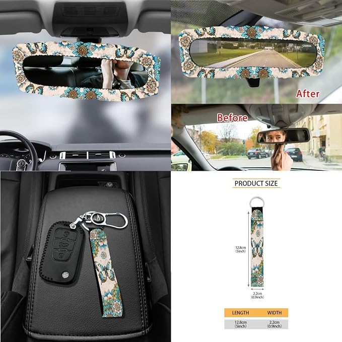 Butterfly Boho Mandala Print Car Seat Cover Sets Car Steering Wheel Cover Seat Belt Cover Trash Bin Air Vent Storage Box Front Rear View Mirror Car Cup Holder Keychain 15Pcs Car Accessories