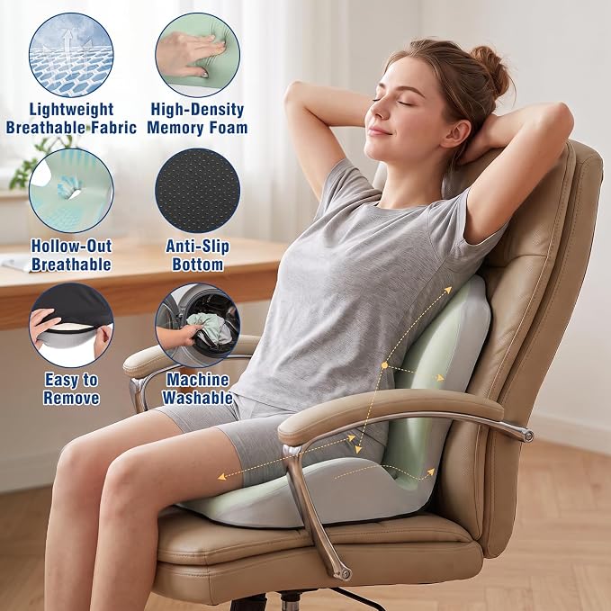 Car Seat Cushion with Lumbar Support Pillow, Memory Foam Office Chair Cushion for Back Pain Sciatica Pain Relief, Ergonomic L-Shaped Seat Cushion for Car Truck Driving Office Chair Home (Green Gray)