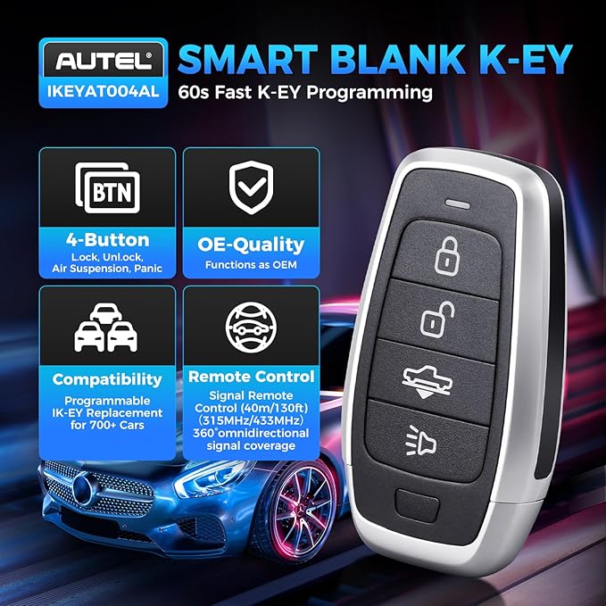 2026 Autel MaxiIM IKEYAT004AL Programmable Blank Key, 360° 130FT Remote, 4 Buttons Universal Fob Replacement for 700+ Vehicle, Air Suspension, Work with Autel KM100, IM508S, IM608 PRO II