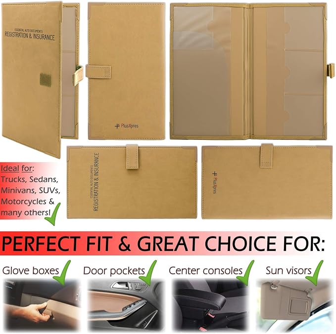 PlusXpres Auto Insurance and Registration Card Holder - Vehicle Glove Box Document Organizer - Car Essential Paperwork Holder for DMV, AAA, Contact Information Cards - BROWN + BEIGE + BLUE BUNDLE