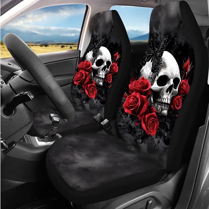 Bulopur Gothic Skull Red Rose Automotive Seat Covers Front and Rear with Car Steering Wheel Cover Armrest Cushion Pad Headrest Covers Seat Belt Pads Auto Interior Accessories Set 14 Pack
