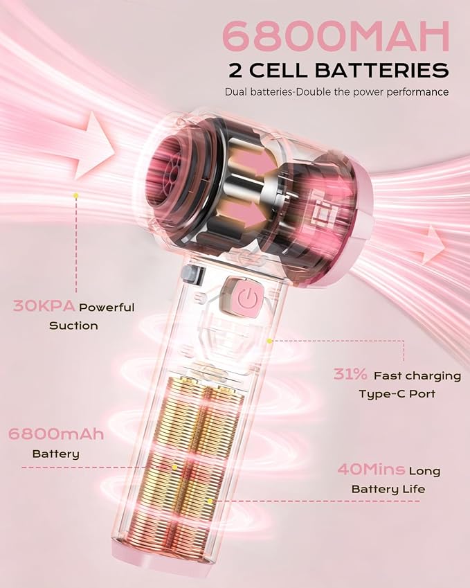 Portable Cordless Car Vacuum,4-in-1 Handheld Cordless Vacuum with 30000Pa Suction, 130000 RPM,6800mAh Battery,10 Nozzles,Rubber Paint Material for Car,Home,Birthday Gifts for Men Dad Husband(Pink)