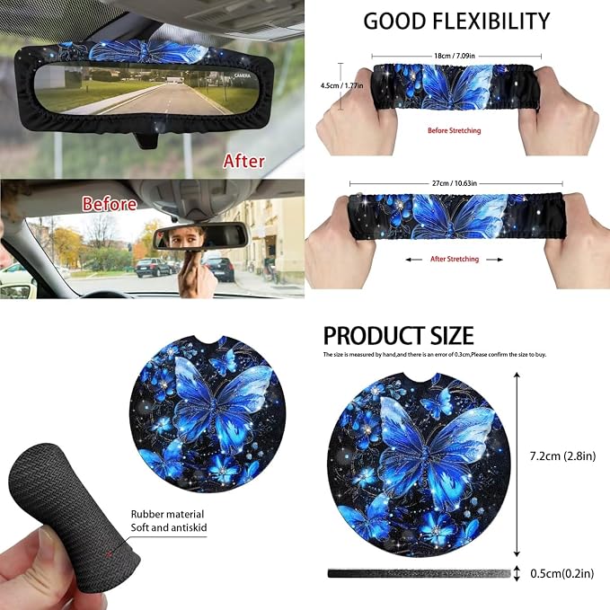 Blue Butterfly Car Seat Covers Full Set for Women Cute Car Accessories Interior Car Steering Wheel Cover Seatbelt Covers Trash Bin Rear View Mirror Cover Cup Holders Keychain