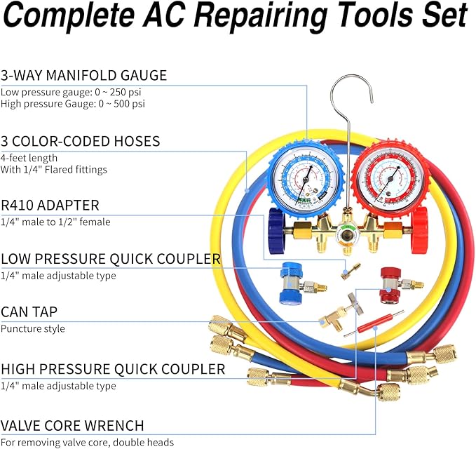 PB Motor Tech Vacuum Pump & Gauge Set, 4.5 CFM Pump w/Brass Manifold Gauge, Quick Couplers, 410 Adapter, Can Tap & Valve Core Tool, For R134A, R12, R22, R502 Refrigerants & AC Maintenance
