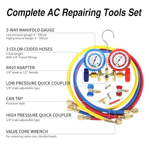 PB Motor Tech 3 Way AC Manifold Gauge Set for R134A, R12, R22 & R502 Refrigerants with Quick Couplers, 410 Adapter, Puncturing Can Tap & Valve Core Tool, for Automotive & Household AC Maintenance