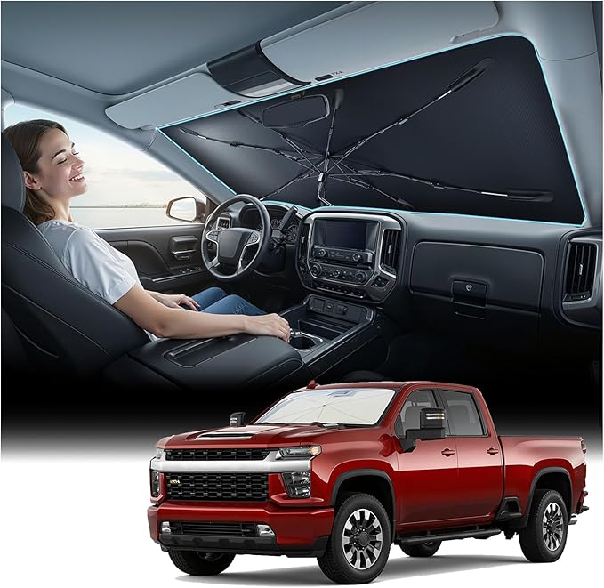 [2026 Upgraded] Nmoiss Windshield Sun Shade Umbrella for Silverado - [Vinyl Coating Heat Shield] Protect Car from Sun Rays & Heat Damage Keep Cool and Protect Interior, Spring Structure Edge