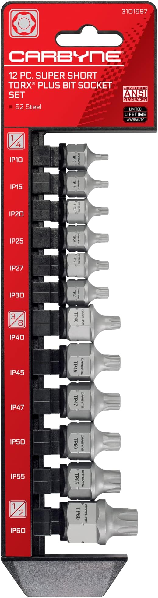 CARBYNE 12-Piece Torx Plus Stubby Low Profile Bit Socket Set, TP10/IP10 to TP60/IP60, S2 Steel, Dual Drive Internal Square and External Hex for Tight Spaces, Genuine Licensed Torx Plus