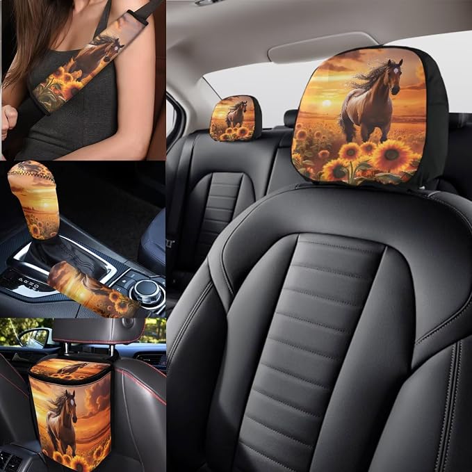 17 Pieces Horse Car Seat Covers Full Sets with Front and Split Rear Bench,Sunflower Car Accessories for Women Man,Automotive Interior with Auto Trash Bag Headrest Covers,Universal Fit