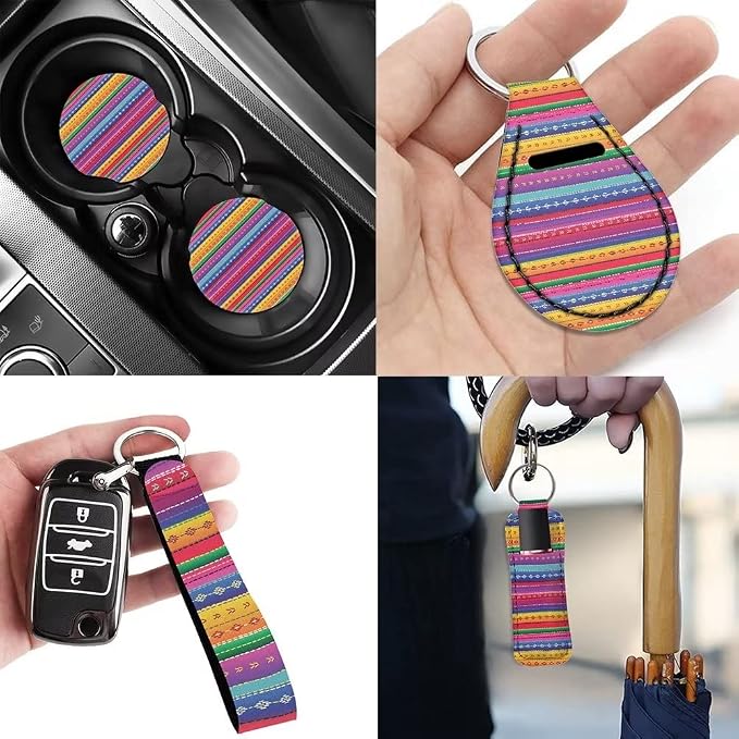 Universal Baja Saddle Blanket Colorful Stripe 12 Pcs Auto Accessories Car Seat Covers Full Set,Steering Wheel Covers,Seat Belt Pads,Key Chain,Lipstick Holder and Coaster for Vans Car
