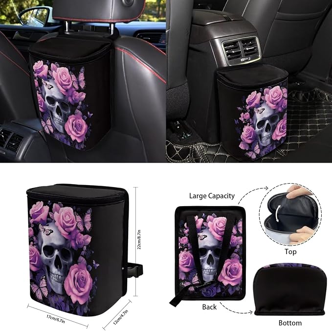 15 Pcs Pink Rose Skull Auto Interior Accessories Car Seat Covers with Auto Steering Wheel Cover Seat Belt Covers Car Trash Can View Mirror Cover Coaster Keychains