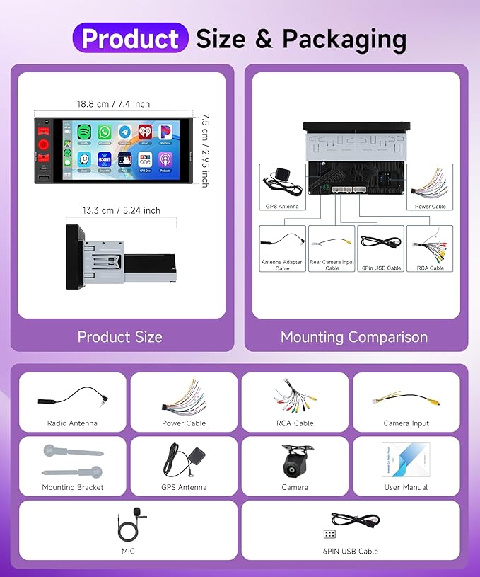 4G+64G Rimoody Car Radio Android 15 Single Din Wireless Carplay Android auto, 1 Din Car Stereo Bluetooth 5.0, Car Audio Receivers GPS WiFi EQ USB/Type-C, FM/RDS, Car Multimedia Player Backup Camera