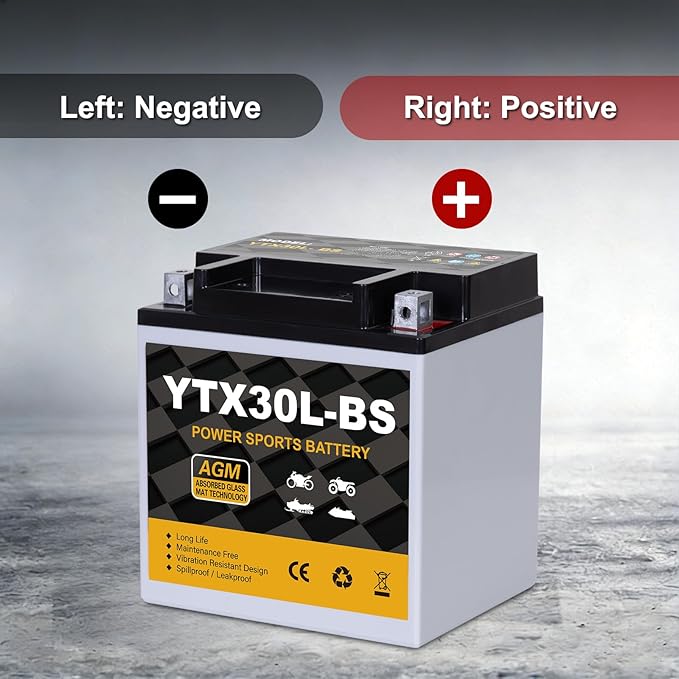 YTX30L-BS Motorcycle Battery 12V 30Ah 400CCA, Maintenance Free Sealed AGM Powersport Battery, Replacement for ATV UTV Harley, YTX30L-BS / ETX30LA / YIX30L