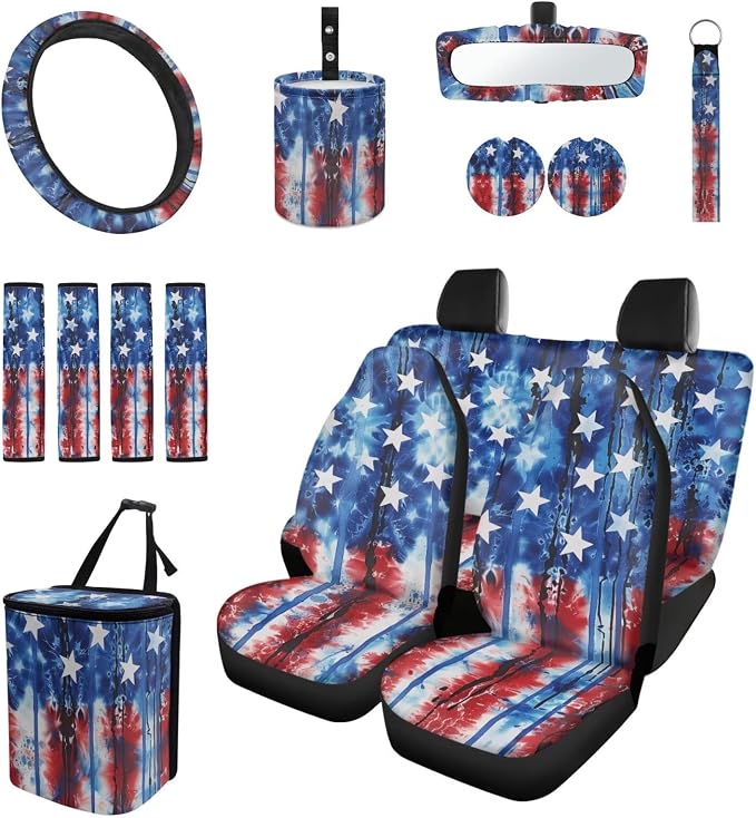 Patriotic Auto Interior Accessories USA Flag Car Seat Covers with Auto Steering Wheel Cover Seat Belt Covers Car Trash Can View Mirror Cover Coaster Keychains