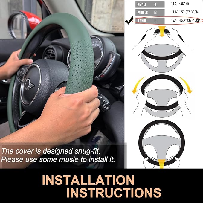 PINCTROT Large Size Nappa Leather Steering Wheel Cover, Slim Fit No Bulk Design, One Piece Leather with Breathable Perforation, Fit Like Gloves, 15.5-15.75 Inch(Nappa Green)