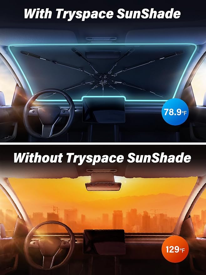 TrySpace Car Windshield Sun Shade Umbrella - [Silver Heat Shield & UV Reflective] Protector for Cars, Universal Fit Large (61" L x 35" W) | 25°F Cooler, Friendly Vinyl Coatings