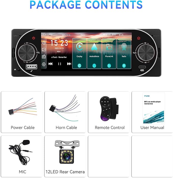 [Bluetooth 5.2 EQ] Single Din Car Radio Stereo with Wireless Carplay Android Auto, 5.1 inch IPS Touchscreen 1 Din Car Radio with Mirror Link USB & Type-C AUX FM Radio SWC Backup Cam SWC Voice Control