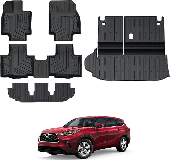 Floor Mats for Toyota Highlander 2020-2026, All Weather Floor Mats Trunk Cargo Liner with Backrest Protectors Accessories, Full Coverage Set (Fit 7 Seats)
