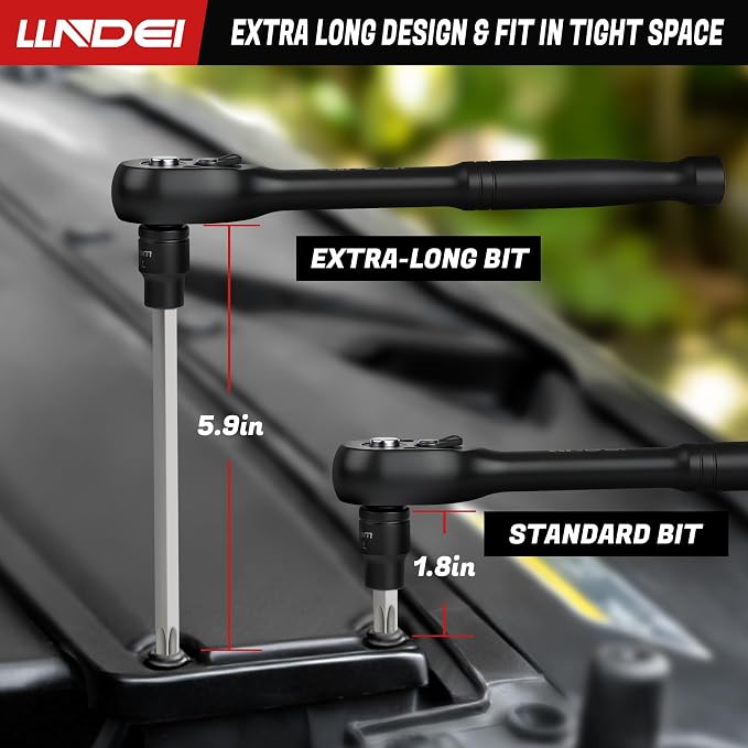 LLNDEI 115-Piece Torx & Allen Bit Socket Set, 1/4",3/8"and 1/2" Drive, Extra Long Torx//Tamper Proof Torx/Hex/Ball End Hex Socket Set, S2 Steel, SAE/Metric, with Ratchet Wrench & Adapters