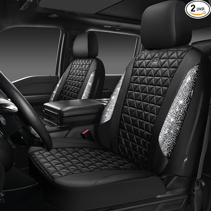 CAR PASS Bling Diamond Leather Car Seat Covers for 2 Front Interior Sets, Waterproof Shining Glitter Sparkly Crystal Universal Armrest Fit Automotive Truck SUV Cute Women Girl, Black Silver Rhinestone