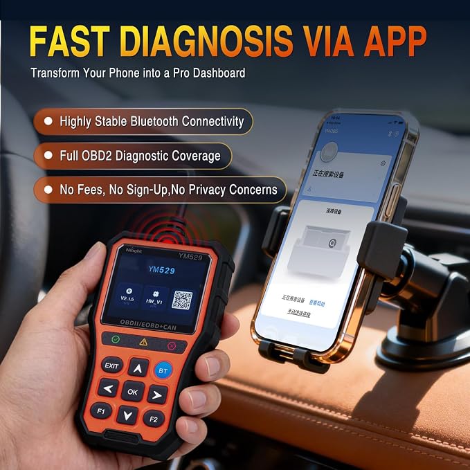 Nilight YM529 Smart Wireless OBD2 Scanner with Wireless Update - Professional Car Diagnostic Tool with 2.8" IPS Screen - Auto Code Reader for Check Engine Light & Wireless Update, 1996-2026 Vehicles