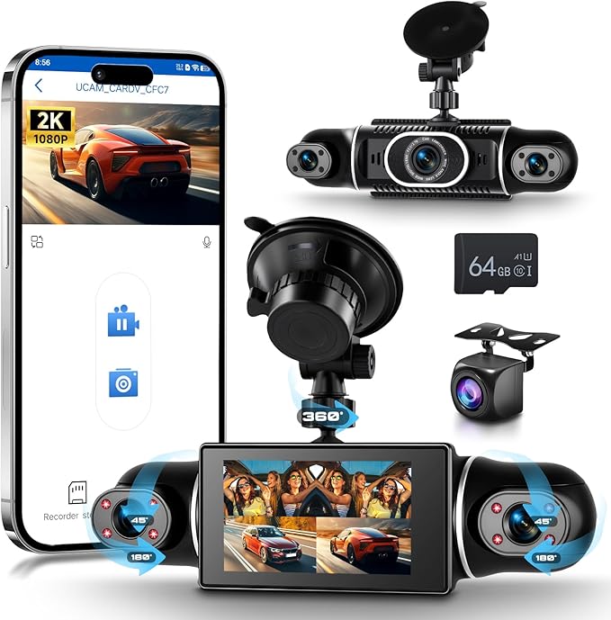 4 Channel 360° Dash Cam Front Rear Inside Left Right 3 Inch 2K Car Dash Camera WiFi Night Vision Motion Detection 24/7 Parking Mode Loop Recording Reverse Monitor Reversing with 64G TF Card