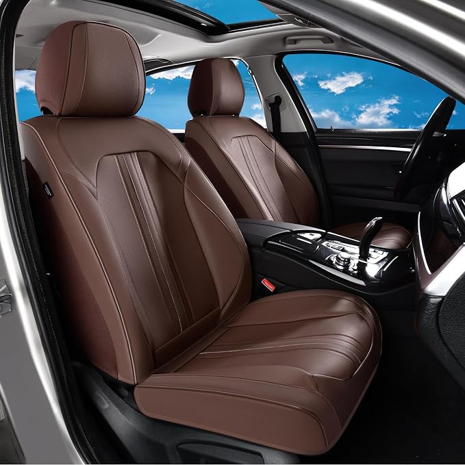 Huidasource Coffee Front Seat Cover, Luxury Faux Leather Front Car Seat Cover, Compatible with Airbags, Seatbelt Buckles, Perforation, Cooling＆Heating, Universal Fit for Most Cars, Vans, Trucks, SUVs