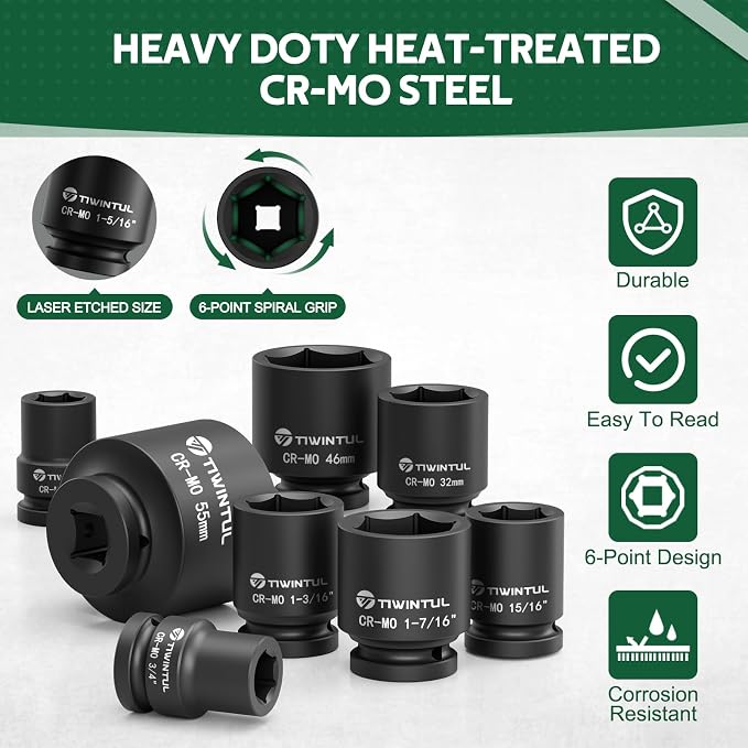 3/4” Impact Socket Set 30 PCS, SAE 11/16” - 2” & Metric 17-60mm | 6-Point Design, CR-MO Steel, Rugged Construction, Heavy Duty Large Impact Sockets for Construction & Agricultural Machinery