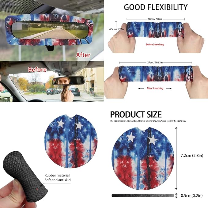 Patriotic Auto Interior Accessories USA Flag Car Seat Covers with Auto Steering Wheel Cover Seat Belt Covers Car Trash Can View Mirror Cover Coaster Keychains