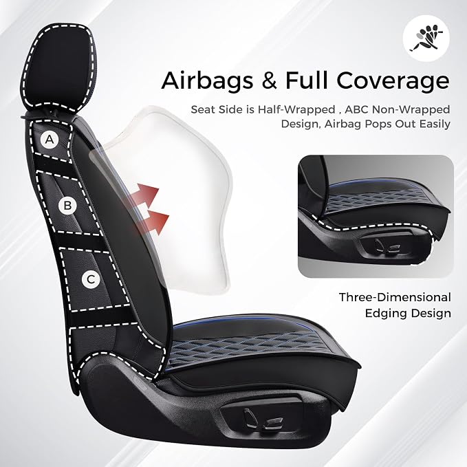 Huidasource Car Seat Covers, Car Seat Protector 5 Seats, Full-Cover Leather Car Seat Cushion Waterproof, Airbag Compatible, Universal Fit for Most Cars,Vans,Trucks, SUVs (Full Set/Black&Blue)