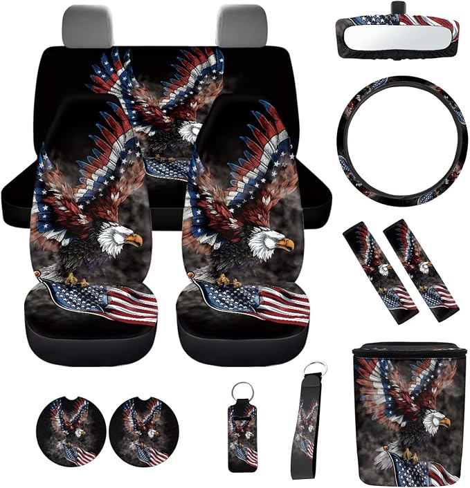 Eagle Flag Car Accessories Set 12 Pcs Steering Wheel Cover Seat Belt Cover Car Trash Can Rear View Mirror Cover Cup Coasters Keychain Holder Keychains