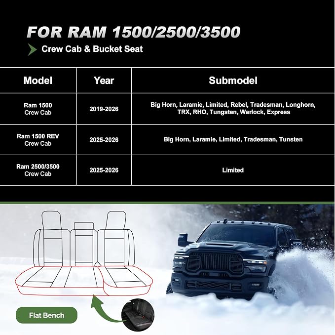 TTX LIGHTING Seat Covers Fit for Dodge RAM 2012-2025 2026: Compatible with RAM 1500 2500 3500 Crew Quad Regular Cab Front Pickup Truck Seat Covers(Flat Bench, 2PCS Front, Black & Grey)