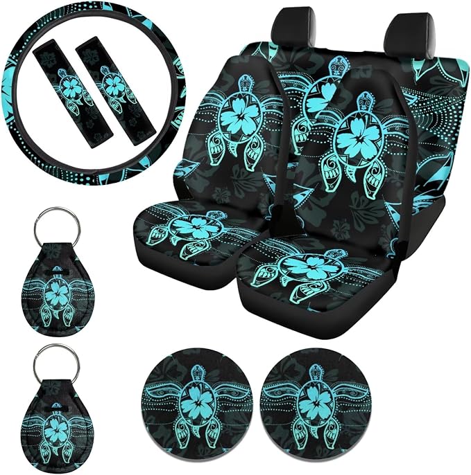 Ystardream Art Sea Turtle Car Seat Cover Full Set 11 Pcs with Steering Wheel Cover, Auto Seat Belt Covers Keychain & Cup Holder Pads, Universal Fit for SUV Sedan Truck, Protective Interior, Blcak