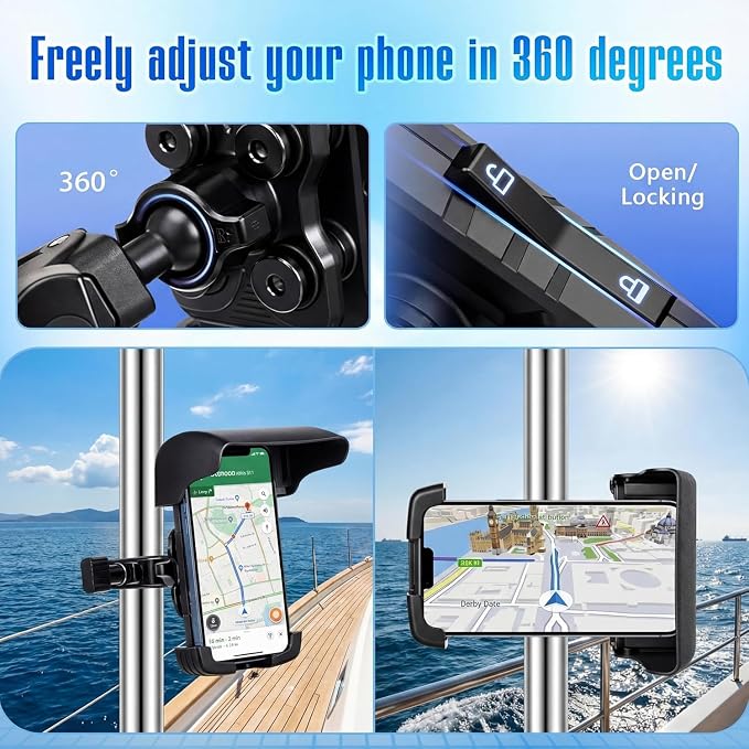 Tellegloww 1 Pack Boat Phone Holder, Marine Cell Phone Holder with Sunshade, Black 360 Degree Adjustable Knob Crab Clamp, Smartphone Accessory for Boat Rail, Car, Cycling, Pontoon and Outdoor Use