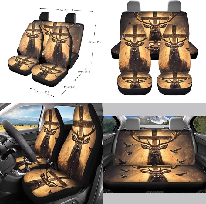 Deer Cross Dove Pattern Auto Seat Covers Full Set 10pcs Accessories for Auto Steering Wheel Cover Cup Coasters Keychain Car Trash Can Air Vent Storage Pounch for Women Men