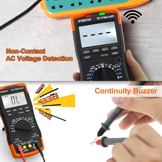 BTMETER Digital Multimeter, Handheld TRMS 6000 Multi Meter Auto Range Voltmeter Ammeter Measure AC DC Volt Amp Ohm Continuity Capacitance Frequency Diode hFE Transistor Temp 770HC-APP
