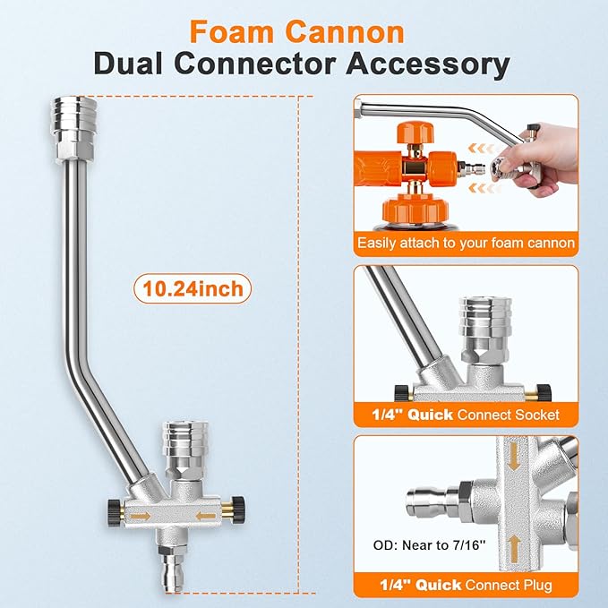 Kebtek Dual Connector Accessory For Pressure Washer Double Tip Attachment For Soap Cannon, 5 Sprayer Nozzles 1/4" Quick Connect Pressure Washer Accessories Ideal for Car Boat Driveway Detailing