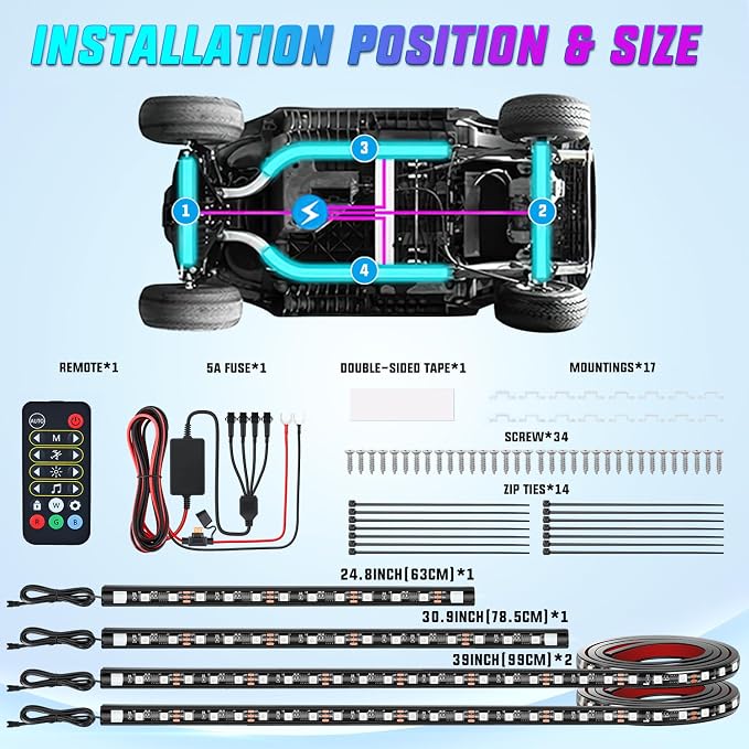 Nilight 4PCS Golf Cart Underglow LED Light Strip Dream Color Multi-Mode Neon Accent Lighting Kit APP and Remote Control Sound Active Music Sync IP67 Waterproof 12V-66V Input for EZGO Yamaha Club Car