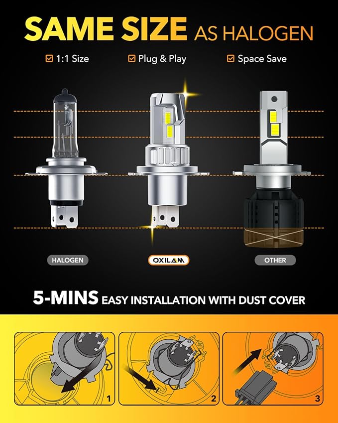 OXILAM H4/9003/HB2 LED Bulbs, 50000LM 900% Brighter 6500K Cool White, 1:1 Halogen Size, Quick Install Light Upgrade, Pack of 2