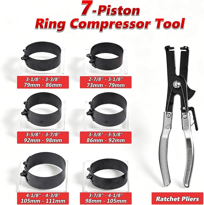 Engines Piston Ring Compressor Tool with Ratchet Pliers & 6 Piston Rings (2-7/8“ - 4-3/8”) Installation and Removal Kit for Car, Truck & Motorcycle Engines