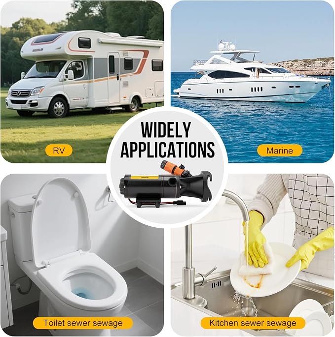 12V RV Portable Macerator Pump, 12GPM Self-Priming Sewage Quick Grinder Pump, Suction 3.5 Feet Lift 10 Feet Waste Pumps for RV Camper Boat Kitchen