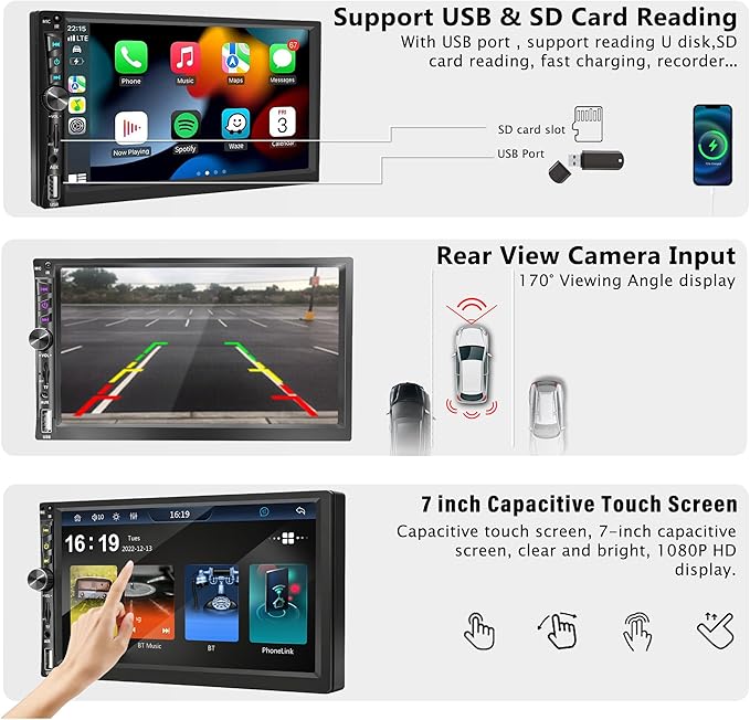 Upgrade Wireless 7" Double Din Car Stereo Apple CarPlay Android Auto 178 * 102mm,Touchscreen Car Play Radio for Car,Screen for Bluetooth 5.2, Weatherproof Backup Camera,FM AM,AUX,Card Slot,USB,SWC