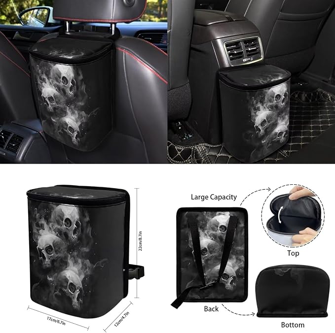 15 Pcs Black Skull Car Seat Covers Full Set for Women Goth Car Accessories Interior Car Steering Wheel Cover Seatbelt Covers Trash Bin Rear View Mirror Cover Cup Holders Keychain