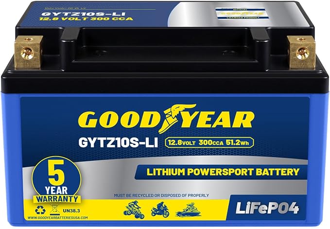 Goodyear GYTZ10S-LI Lithium LiFePO4 12.8V 300CCA Rechargeable High Performance Powersport Battery with Smart BMS Replacement for Motorcycle, ATV, UTV, Scooter, Watercraft, Jet Ski, and Snowmobile